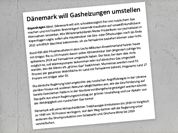 ewers Artikel - Presse - „Dänemark will Gasheizungen umstellen“ in der Neuen Westfälischen