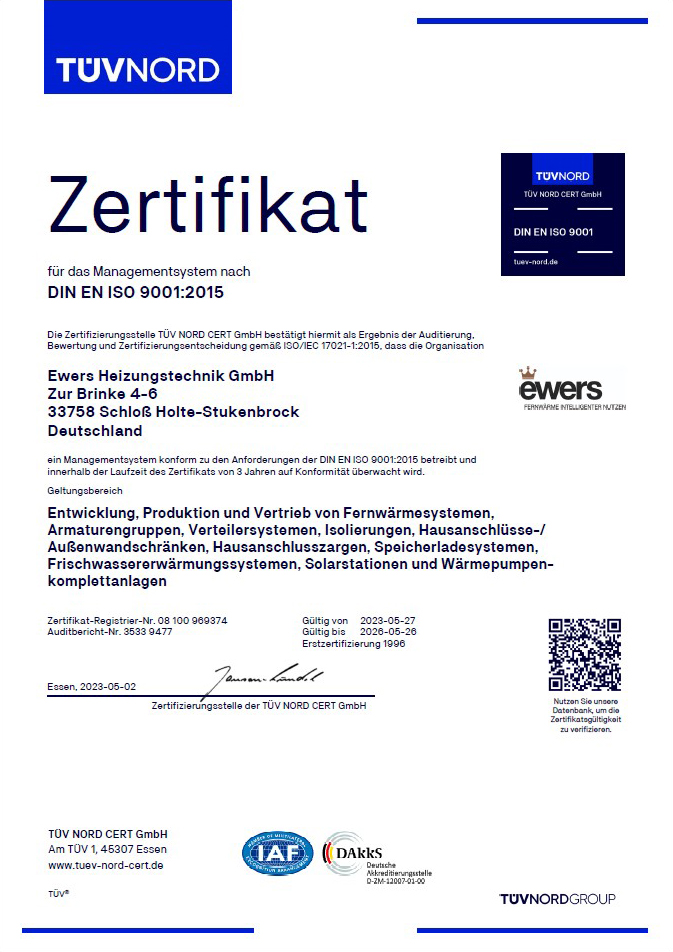 ewers Iso Zertifikat vom TÜV Nord - Fernwärmestationen - Wärmeübergabestationen - Nahwärmestationen - Übergabestationen