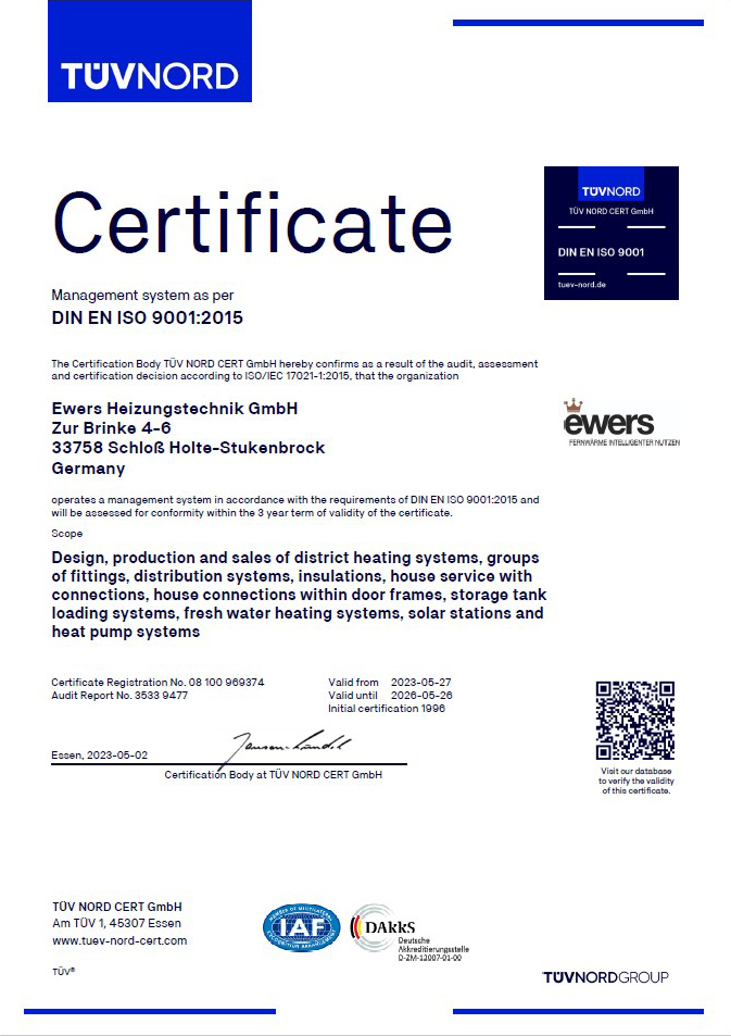 ewers Iso certificate from TÜV Nord - District heating stations - Heat transfer stations - Local heating stations - Transfer stations